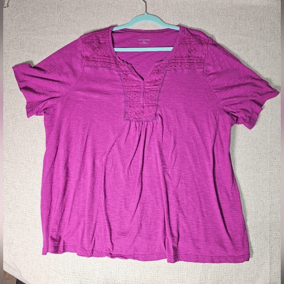 Catherine's Pink Magenta Shortsleeve, T-Shirt, Embroidery Scoop V-neck 2X - Picture 2 of 9